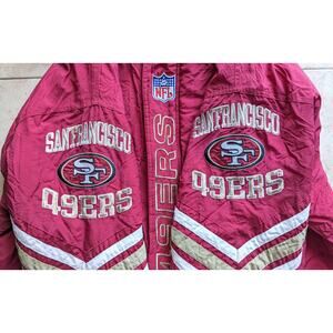 San Francisco 49ers 90s STARTER puffer Trench jacket hood XL red gold NFL vtg